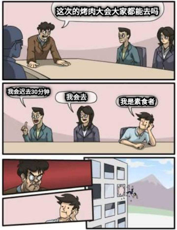 这次的烤肉大会大家都能去吗 我会迟去30分钟 我会去 我是素食者