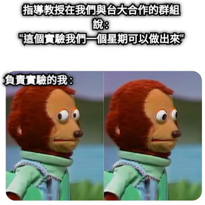 指導教授在我們與台大合作的群組說 : "這個實驗我們一個星期可以做出來" 負責實驗的我 :