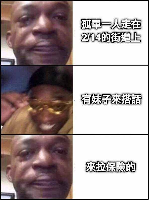 孤單一人走在 2/14的街道上 有妹子來搭話 來拉保險的