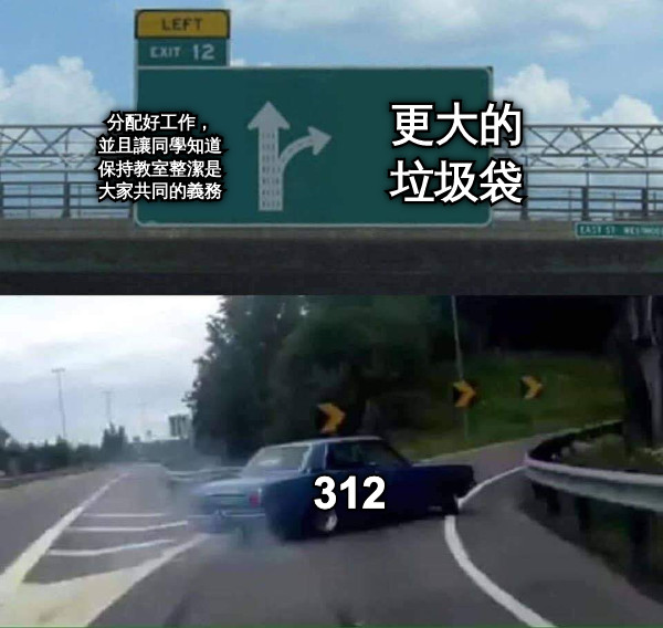 更大的 垃圾袋 分配好工作， 並且讓同學知道 保持教室整潔是 大家共同的義務 312