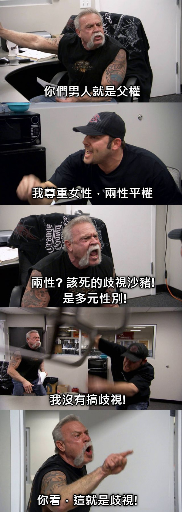 你們男人就是父權 我尊重女性，兩性平權 兩性? 該死的歧視沙豬! 是多元性別! 我沒有搞歧視! 你看，這就是歧視!