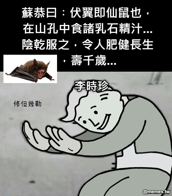 蘇恭曰︰伏翼即仙鼠也，在山孔中食諸乳石精汁...陰乾服之，令人肥健長生，壽千歲... 李時珍
