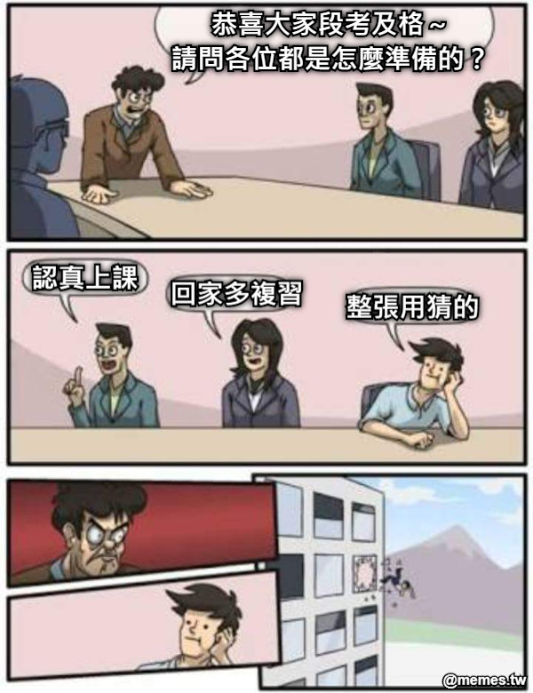 恭喜大家段考及格～ 請問各位都是怎麼準備的？  認真上課 回家多複習 整張用猜的