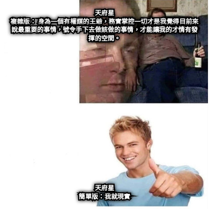 天府星 複雜版： 身為一個有權謀的王爺，務實掌控一切才是我覺得目前來說最重要的事情，號令手下去做該做的事情，才能讓我的才情有發揮的空間。 天府星 簡單版：我就現實