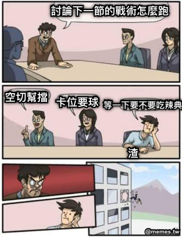 討論下一節的戰術怎麼跑 空切幫擋 卡位要球 等一下要不要吃辣典 渣