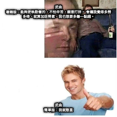 武曲 複雜版：能夠更執勤奮的，不怕辛苦，願意打拼。 會讓我覺得多勞多得，就算加班勞累，我也想要多賺一點錢。 武曲 簡單版：我就憨直