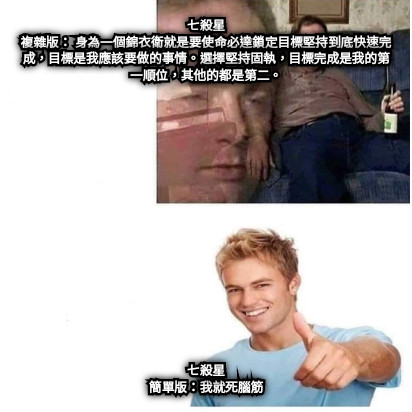 七殺星 複雜版： 身為一個錦衣衛就是要使命必達鎖定目標堅持到底快速完成，目標是我應該要做的事情。選擇堅持固執，目標完成是我的第一順位，其他的都是第二。 七殺星 簡單版：我就死腦筋