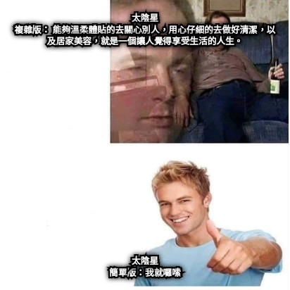 太陰星 複雜版： 能夠溫柔體貼的去關心別人，用心仔細的去做好清潔，以及居家美容，就是一個讓人覺得享受生活的人生。 太陰星 簡單版：我就囉嗦