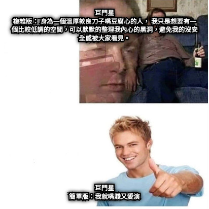 巨門星 複雜版： 身為一個溫厚敦良刀子嘴豆腐心的人， 我只是想要有一個比較低調的空間，可以默默的整理我內心的黑洞，避免我的沒安全感被大家看見。 巨門星 簡單版：我就嘴賤又愛演