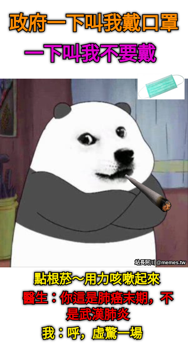 政府一下叫我戴口罩 一下叫我不要戴 點根菸～用力咳嗽起來 醫生：你這是肺癌末期，不是武漢肺炎 我：呼，虛驚一場