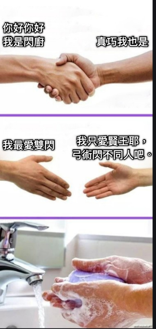你好你好我是閃廚 真巧我也是 我最愛雙閃 我只愛賢王耶， 弓術閃不同人吧。