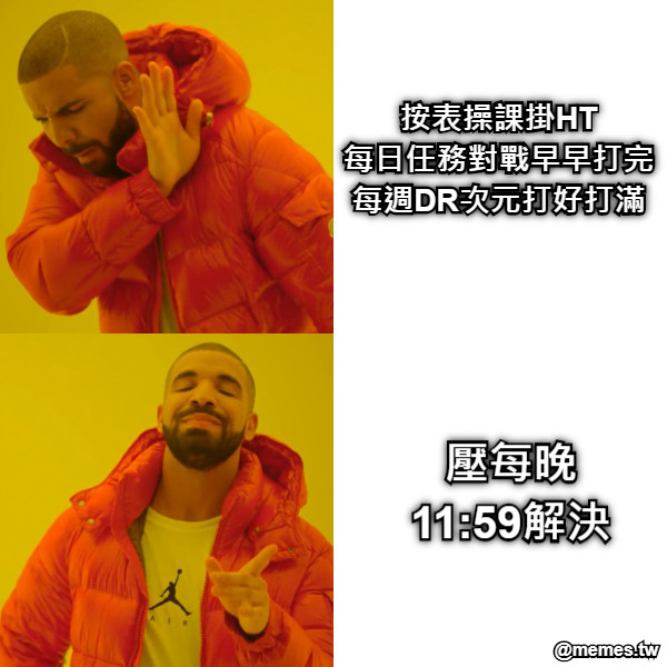 按表操課掛HT 每日任務對戰早早打完 每週DR次元打好打滿 壓每晚 11:59解決