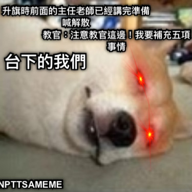 升旗時前面的主任老師已經講完準備喊解散 教官：注意教官這邊！我要補充五項事情 NPTTSAMEME  台下的我們