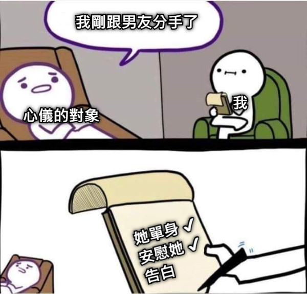 心儀的對象 我剛跟男友分手了 她單身 ✔ 安慰她 ✔ 告白        我