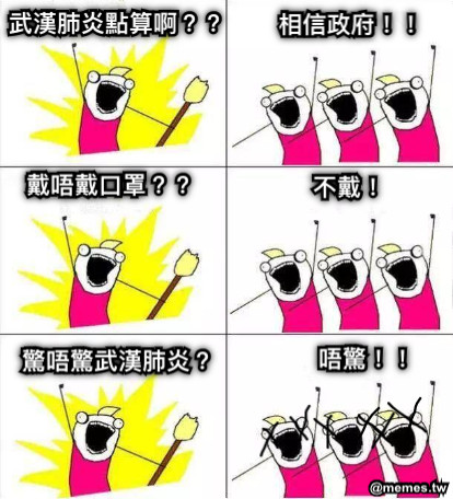 驚唔驚武漢肺炎？ 唔驚！！ 武漢肺炎點算啊？？ 相信政府！！ 戴唔戴口罩？？ 不戴！