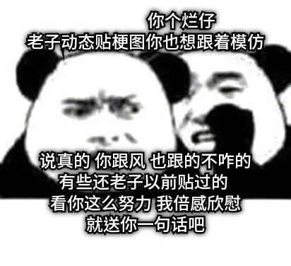 你个烂仔 老子动态贴梗图你也想跟着模仿 说真的 你跟风 也跟的不咋的 有些还老子以前贴过的  看你这么努力 我倍感欣慰 就送你一句话吧