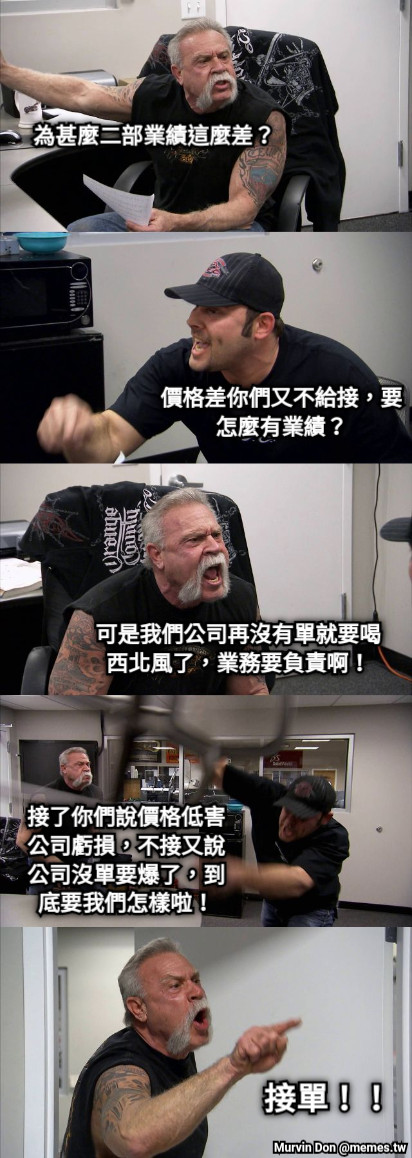 為甚麼二部業績這麼差？ 價格差你們又不給接，要怎麼有業績？ 可是我們公司再沒有單就要喝西北風了，業務要負責啊！ 接了你們說價格低害公司虧損，不接又說公司沒單要爆了，到底要我們怎樣啦！ 接單！！