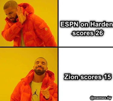 ESPN on Harden scores 26 Zion scores 15