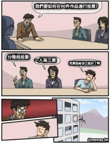 我們要如何在90件作品進行投票？ 分階段投票 一人兩三票 把票投給自己就好了啊