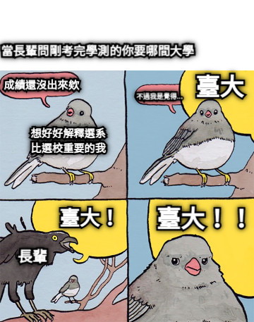 當長輩問剛考完學測的你要哪間大學 成績還沒出來欸 不過我是覺得... 臺大 臺大！ 臺大！！ 想好好解釋選系 比選校重要的我 長輩