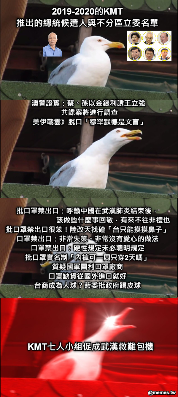 2019-2020的KMT 推出的總統候選人與不分區立委名單 KMT七人小組促成武漢救難包機 批口罩禁出口：呼籲中國在武漢肺炎結束後，                           該做些什麼事回敬，有來不往非禮也 批口罩禁出口很笨！陸改天找碴「台只能摸摸鼻子」 口罩禁出口：非常失策、非常沒有愛心的做法 口罩禁出口：硬性規定未必聰明規定 批口罩實名制「內褲可一周只穿2天嗎」 質疑國軍圖利口罩廠商 口罩缺貨從國外進口就好 台商成為人球？藍委批政府踢皮球 澳警證實：蔡、孫以金錢利誘王立強  共諜案將進行調查 美伊戰雲》脫口「穆罕默德是文盲」