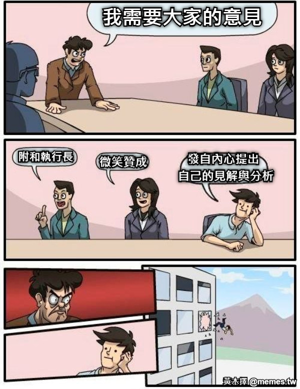 我需要大家的意見 附和執行長 微笑贊成 發自內心提出 自己的見解與分析