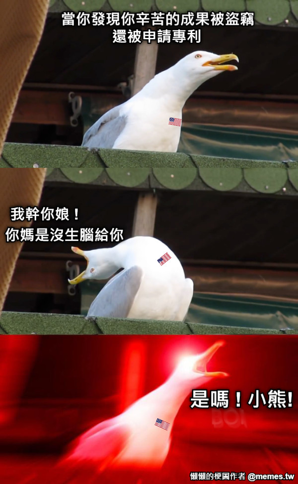 當你發現你辛苦的成果被盜竊 還被申請專利 我幹你娘 ! 你媽是沒生腦給你 是嗎 ! 小熊!