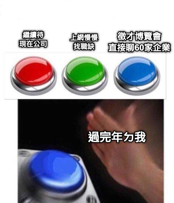 繼續待 現在公司 上網慢慢 找職缺 徵才博覽會 直接聊60家企業 過完年ㄉ我