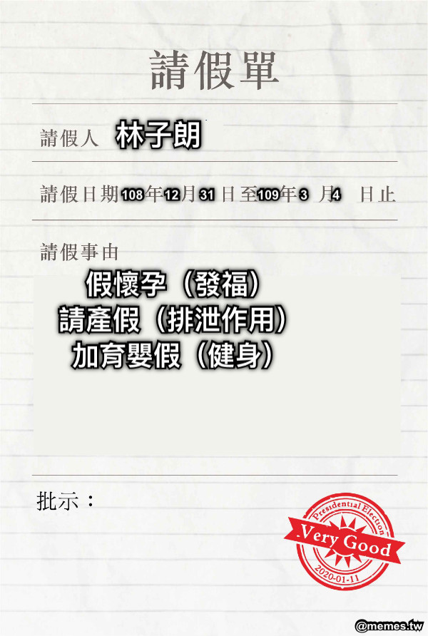 林子朗 108      12      31            109      3       4 假懷孕（發福） 請產假（排泄作用） 加育嬰假（健身）