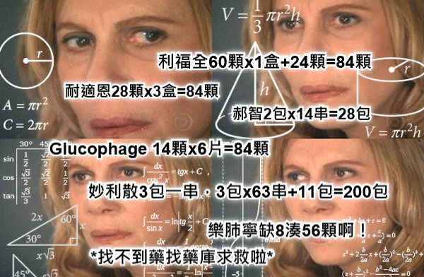 妙利散3包一串，3包x63串+11包=200包 耐適恩28顆x3盒=84顆 Glucophage 14顆x6片=84顆 郝智2包x14串=28包 利福全60顆x1盒+24顆=84顆 *找不到藥找藥庫求救啦* 樂肺寧缺8湊56顆啊！