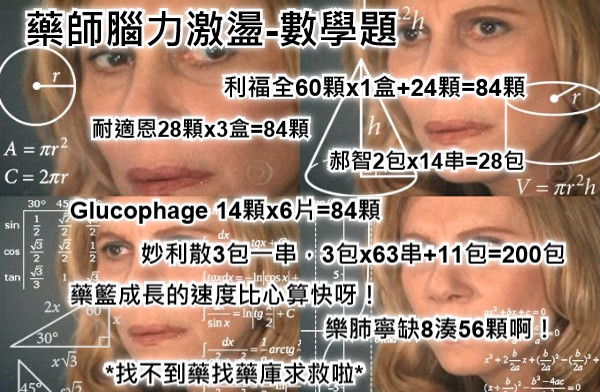 妙利散3包一串，3包x63串+11包=200包 耐適恩28顆x3盒=84顆 Glucophage 14顆x6片=84顆 郝智2包x14串=28包 利福全60顆x1盒+24顆=84顆 *找不到藥找藥庫求救啦* 樂肺寧缺8湊56顆啊！ 藥師腦力激盪-數學題 藥籃成長的速度比心算快呀！