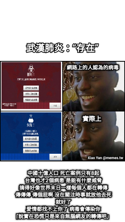 網路上的人認為的病毒 實際上 武漢肺炎：“存在” 中國十億人口 死亡案例只有8起 台灣也才2個病患 是能有什麼威脅 搞得好像世界末日一樣每個人都在轉傳 傳傳傳 傳個屁啊 沒在關注時事就放他去死就好了 愛情都找不上你了 病毒會傳染你 「說實在恐慌只是來自無腦網友的轉傳吧」