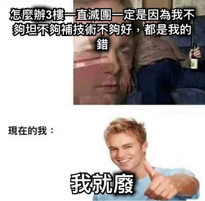 怎麼辦3樓一直滅團一定是因為我不夠坦不夠補技術不夠好，都是我的錯 我就廢