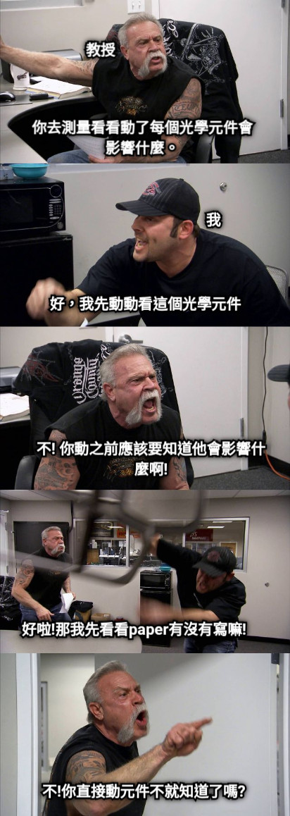 你去測量看看動了每個光學元件會影響什麼。 好，我先動動看這個光學元件 不! 你動之前應該要知道他會影響什麼啊! 好啦!那我先看看paper有沒有寫嘛! 不!你直接動元件不就知道了嗎? 教授 我