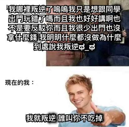 我哪裡叛逆了嗚嗚我只是想跟同學出門玩錯了嗎而且我也好好講啊也不是要反駁你而且我很少出門也沒拿什麼錢 我明明什麼都沒做為什麼到處說我叛逆ಥ_ಥ 我就叛逆 誰叫你不吃掉