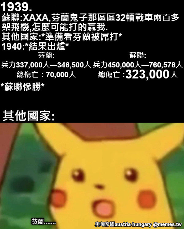 1939. 蘇聯:XAXA,芬蘭鬼子那區區32輛戰車  其他國家:*準備看芬蘭被屌打* 兩百多 架飛機,怎麼可能打的贏我. 1940:*結果出爐* 芬蘭: 兵力337,000人—346,500人 總傷亡：70,000人 蘇聯: 兵力450,000人—760,578人 總傷亡：                     人 323,000 *蘇聯慘勝* 其他國家: 芬蘭.......