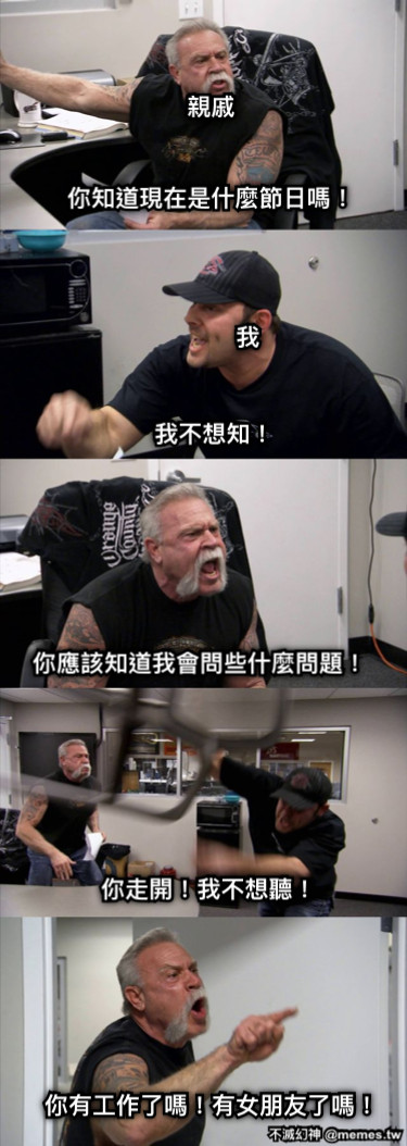 你知道現在是什麼節日嗎！ 我不想知！ 你應該知道我會問些什麼問題！ 你走開！我不想聽！ 你有工作了嗎！有女朋友了嗎！ 我 親戚