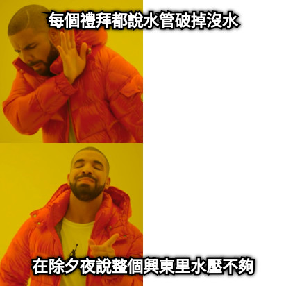 每個禮拜都說水管破掉沒水 在除夕夜說整個興東里水壓不夠
