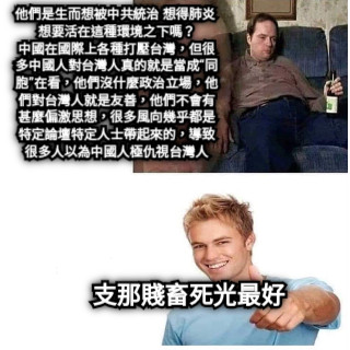 他們是生而想被中共統治 想得肺炎 想要活在這種環境之下嗎？ 中國在國際上各種打壓台灣，但很多中國人對台灣人真的就是當成“同胞”在看，他們沒什麼政治立場，他們對台灣人就是友善，他們不會有甚麼偏激思想，很多風向幾乎都是特定論壇特定人士帶起來的，導致很多人以為中國人極仇視台灣人 支那賤畜死光最好