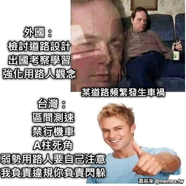 外國： 檢討道路設計 出國考察學習 強化用路人觀念 某道路頻繁發生車禍 台灣： 區間測速 禁行機車 A柱死角 弱勢用路人要自己注意 我負責違規你負責閃躲
