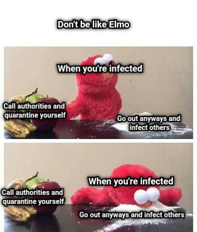 Don&#039;t be like Elmo When you&#039;re infected When you&#039;re infected Call authorities and quarantine yourself Call authorities and quarantine yourself Go out anyways and infect others Go out anyways and infect others