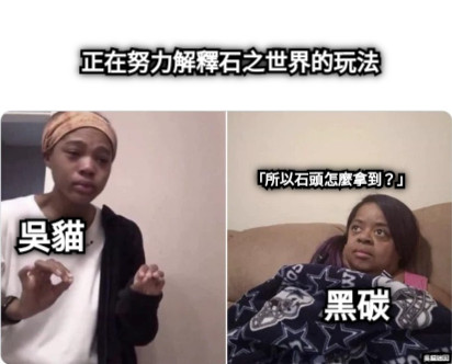 正在努力解釋石之世界的玩法 吳貓 「所以石頭怎麼拿到？」 黑碳 吳貓迷因
