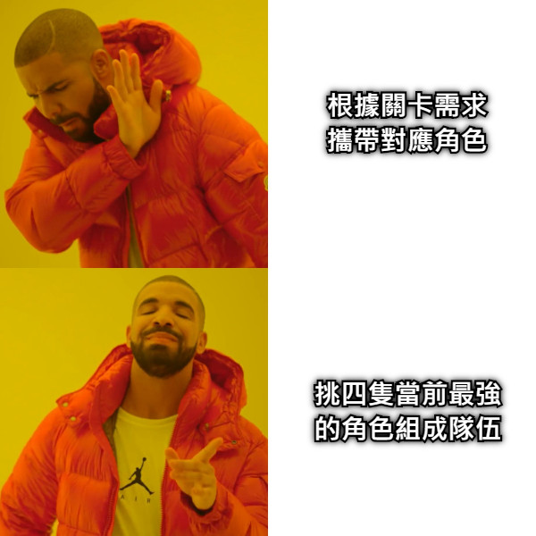 挑四隻當前最強 的角色組成隊伍 根據關卡需求 攜帶對應角色