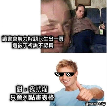 讀書會努力解題只生出一頁 還被丁祈説不認真 對，我就爛 只會列點畫表格