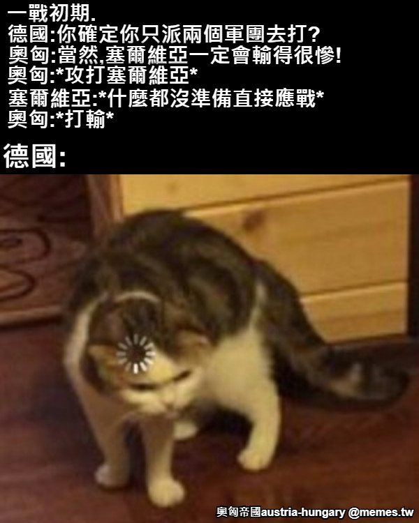 一戰初期. 德國:你確定你只派兩個軍團去打? 奧匈:當然,塞爾維亞一定會輸得很慘! 奧匈:*攻打塞爾維亞* 塞爾維亞:*什麼都沒準備直接應戰* 奧匈:*打輸* 德國:
