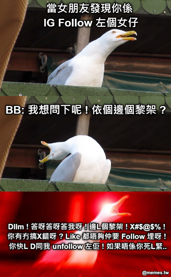 當女朋友發現你係  IG Follow 左個女仔 BB: 我想問下呢 ! 依個邊個黎架 ? Dllm ! 答呀答呀答我呀 ! 邊L個黎架 ! X#$@$% ! 你有冇搞X錯呀 ? Like 都唔夠仲要 Follow 埋呀 ! 你快L D同我 unfollow 左佢 ! 如果唔係你死L緊..