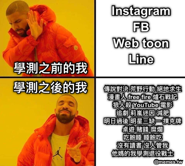 學測之前的我 Instagram FB Web toon Line 學測之後的我 傳說對決 荒野行動 絕地求生 漫畫人 free fire 爐石戰記 狼人殺 YouTube 電影 追劇 莉嵐迷因 減肥 明日過後 明星三缺一 撲克牌 桌遊 賭錢 糜爛 吃飽睡 睡飽吃 沒有讀書 沒人管我 他媽的我學測退役戰士
