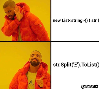 new List&lt;string&gt;() { str } str.Split(&#039;Ξ&#039;).ToList()