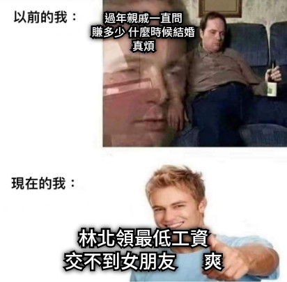 過年親戚一直問 賺多少 什麼時候結婚 真煩 林北領最低工資 交不到女朋友      爽