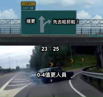 23：25 0-4值更人員 接更 先去哈菸啦！